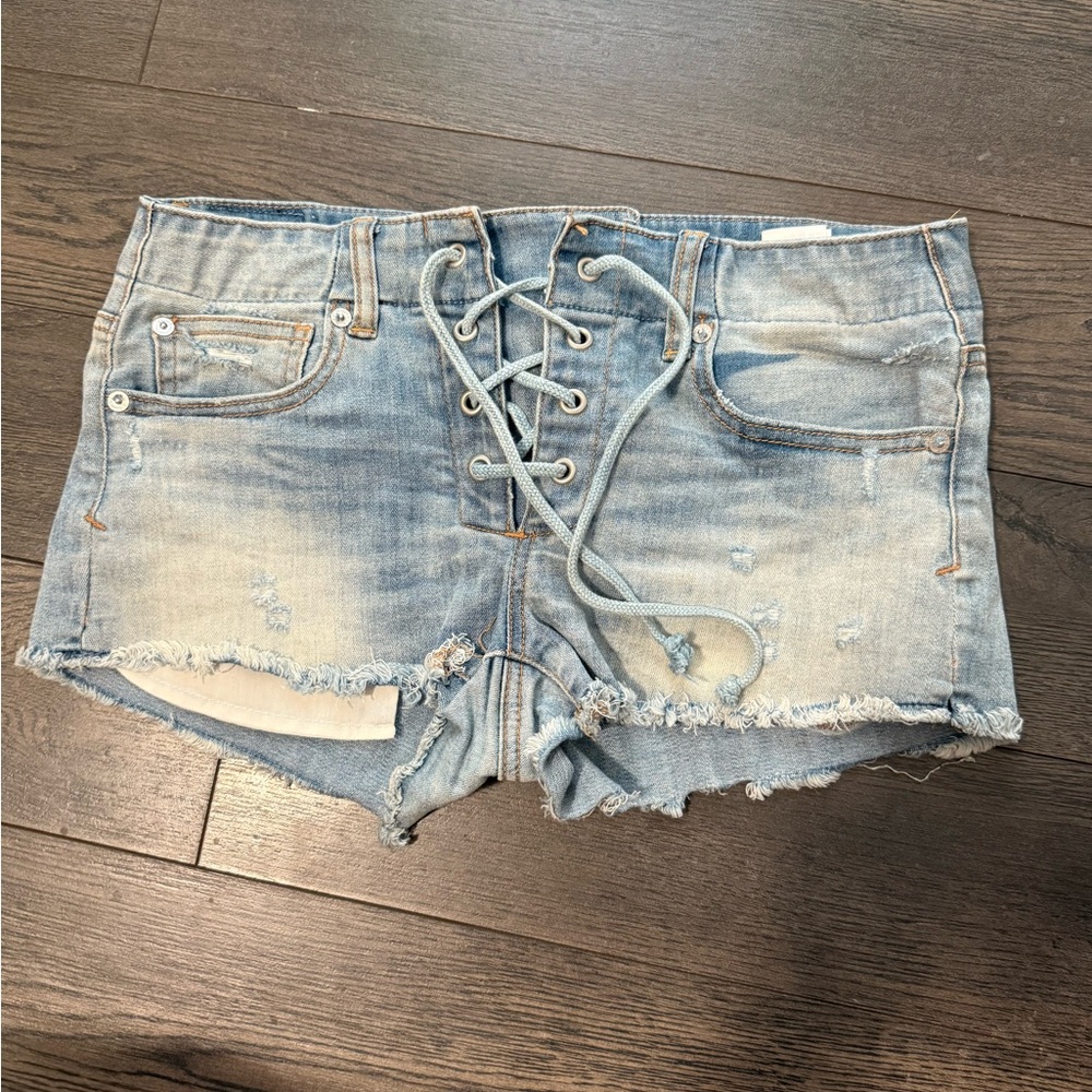 American Eagle Outfitters Light Blue Lace-Up Jean Shorts